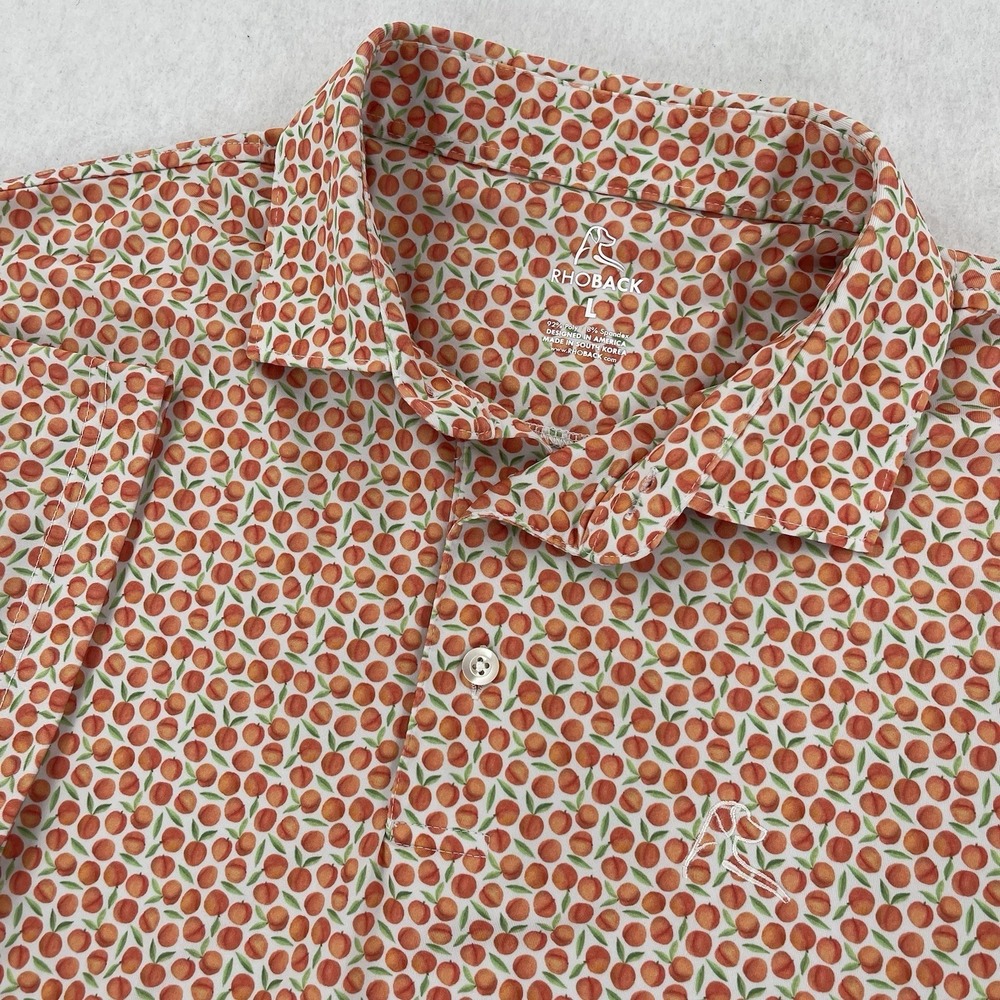 Rhoback Polo Shirt Mens L Orange Peach Print Performance Golf Stretch Casual